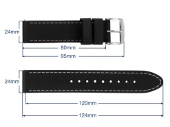 Black And Grey Stitched Silicone Watch Strap, Quick Release Pins, 24mm