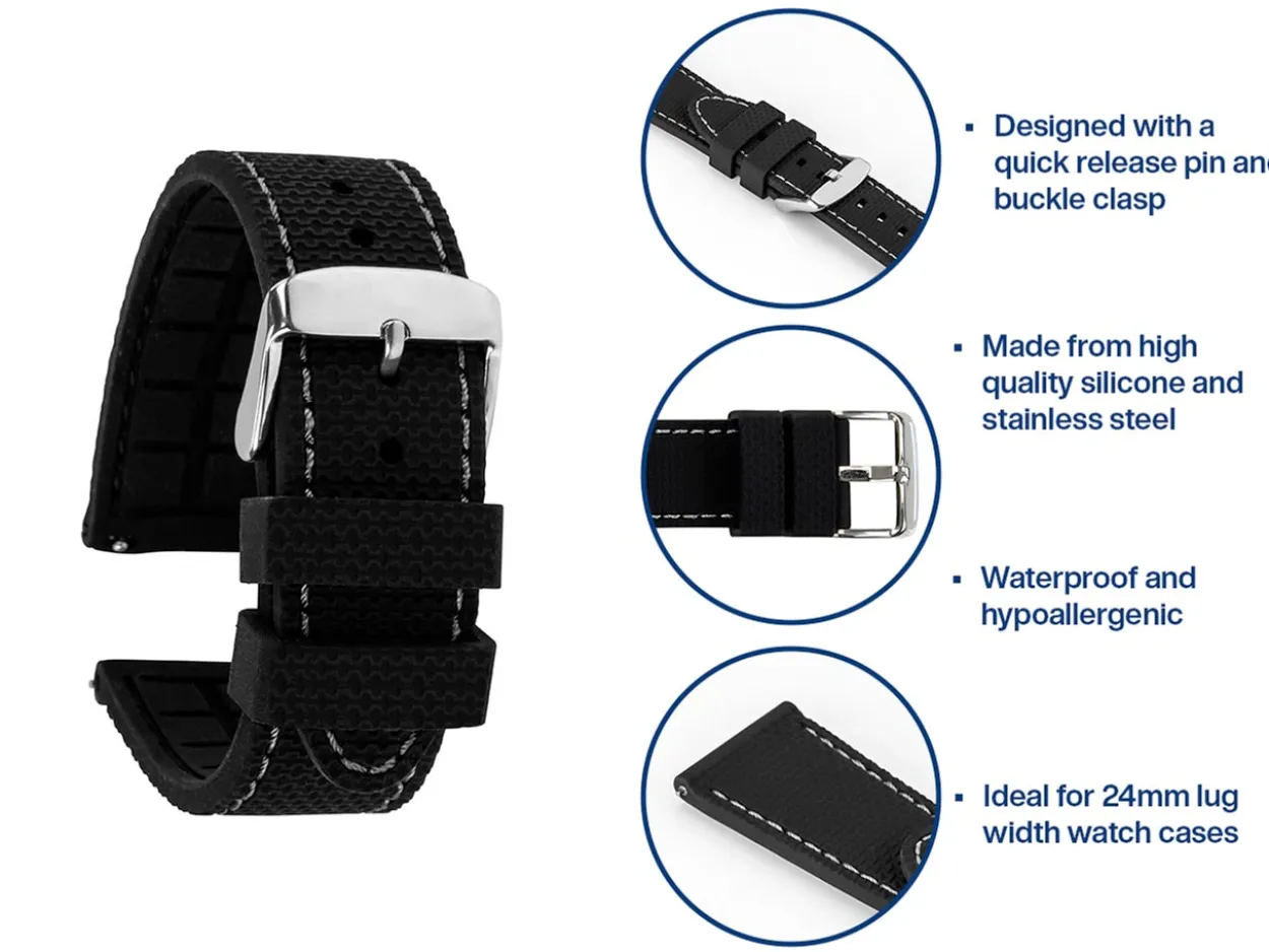 Black And Grey Stitched Silicone Watch Strap, Quick Release Pins, 24mm