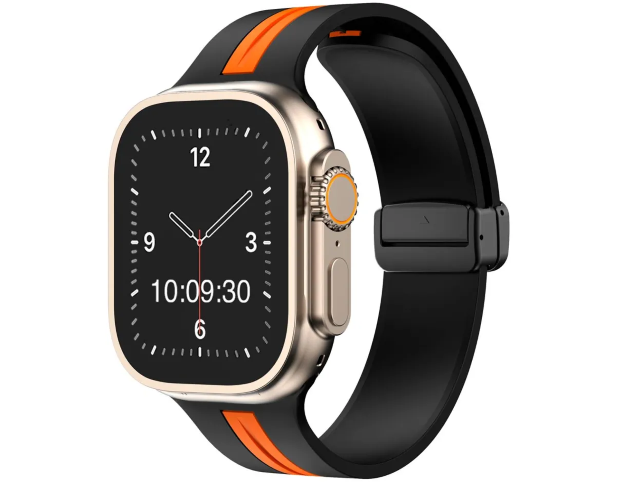 Black And Orange Dual Tone Silicone Strap For Apple Watch, Compatible With 42/44/45/49mm Models