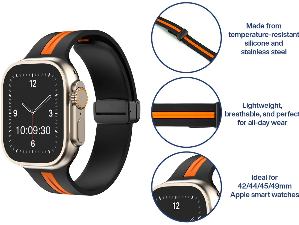 Black And Orange Dual Tone Silicone Strap For Apple Watch, Compatible With 42/44/45/49mm Models