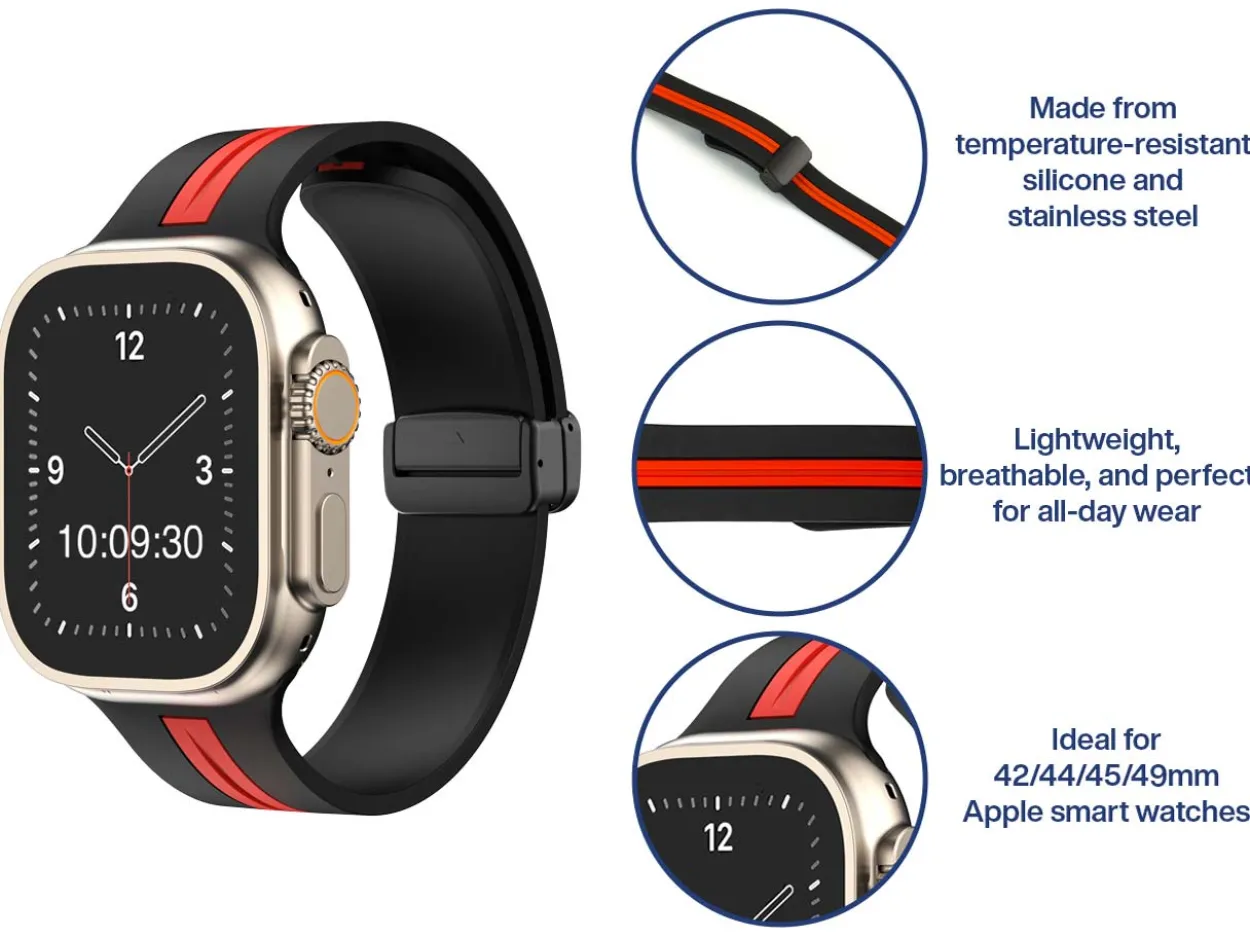 Black And Red Dual Tone Silicone Strap For Apple Watch, Compatible With 42/44/45/49mm Models