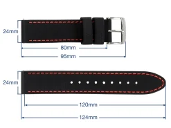 Black And Red Stitched Silicone Watch Strap, Quick Release Pins, 24mm