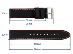 Black And Red Stitched Silicone Watch Strap, Quick Release Pins, 20mm