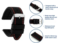 Black And Red Stitched Silicone Watch Strap, Quick Release Pins, 20mm