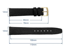 Black Genuine Calf Leather, Lizard Grain Watch Strap, 12mm