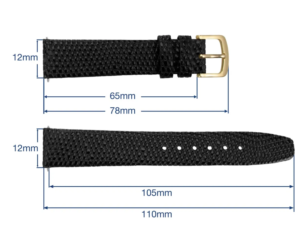 Black Genuine Calf Leather, Lizard Grain Watch Strap, 12mm