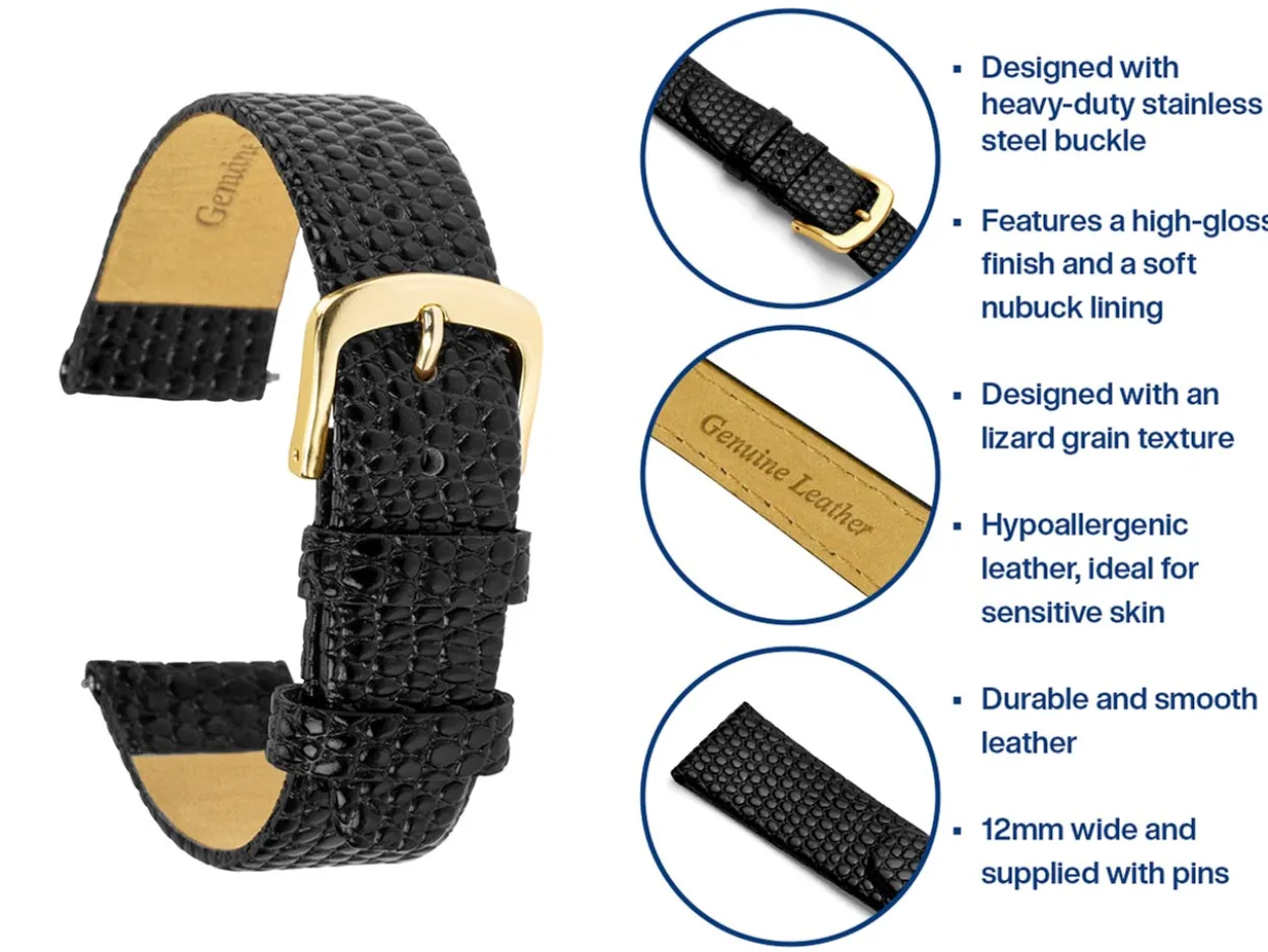 Black Genuine Calf Leather, Lizard Grain Watch Strap, 12mm