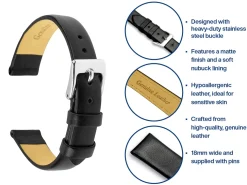 Black Genuine Calf Leather Watch Strap, 18mm