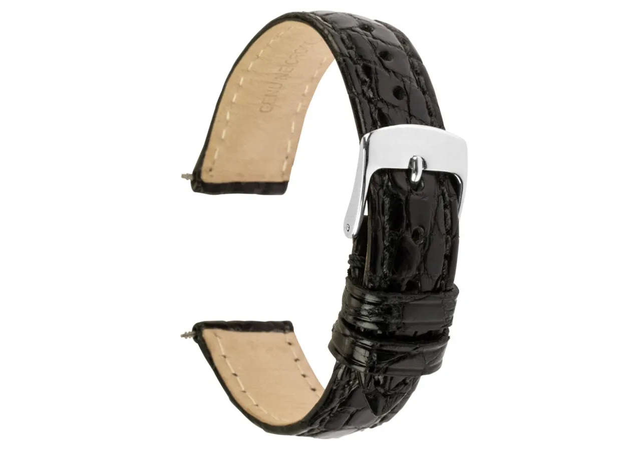 Black Italian Genuine Crocodile Leather Watch Strap, 18mm