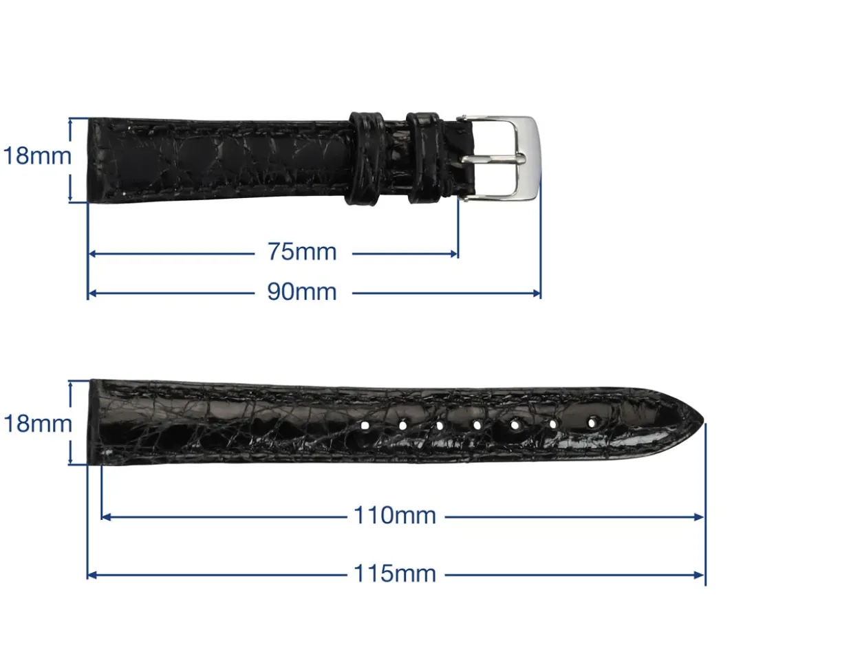 Black Italian Genuine Crocodile Leather Watch Strap, 18mm