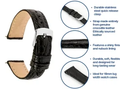 Black Italian Genuine Crocodile Leather Watch Strap, 18mm