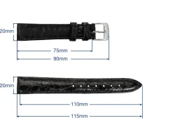 Black Italian Genuine Crocodile Leather Watch Strap, 20mm