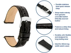 Black Italian Genuine Crocodile Leather Watch Strap, 20mm
