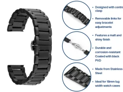 Black Stainless Steel Watch Bracelet, Centre Clasp, 18mm