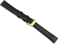 Black Stitched Genuine Calf Leather Watch Strap, 12mm