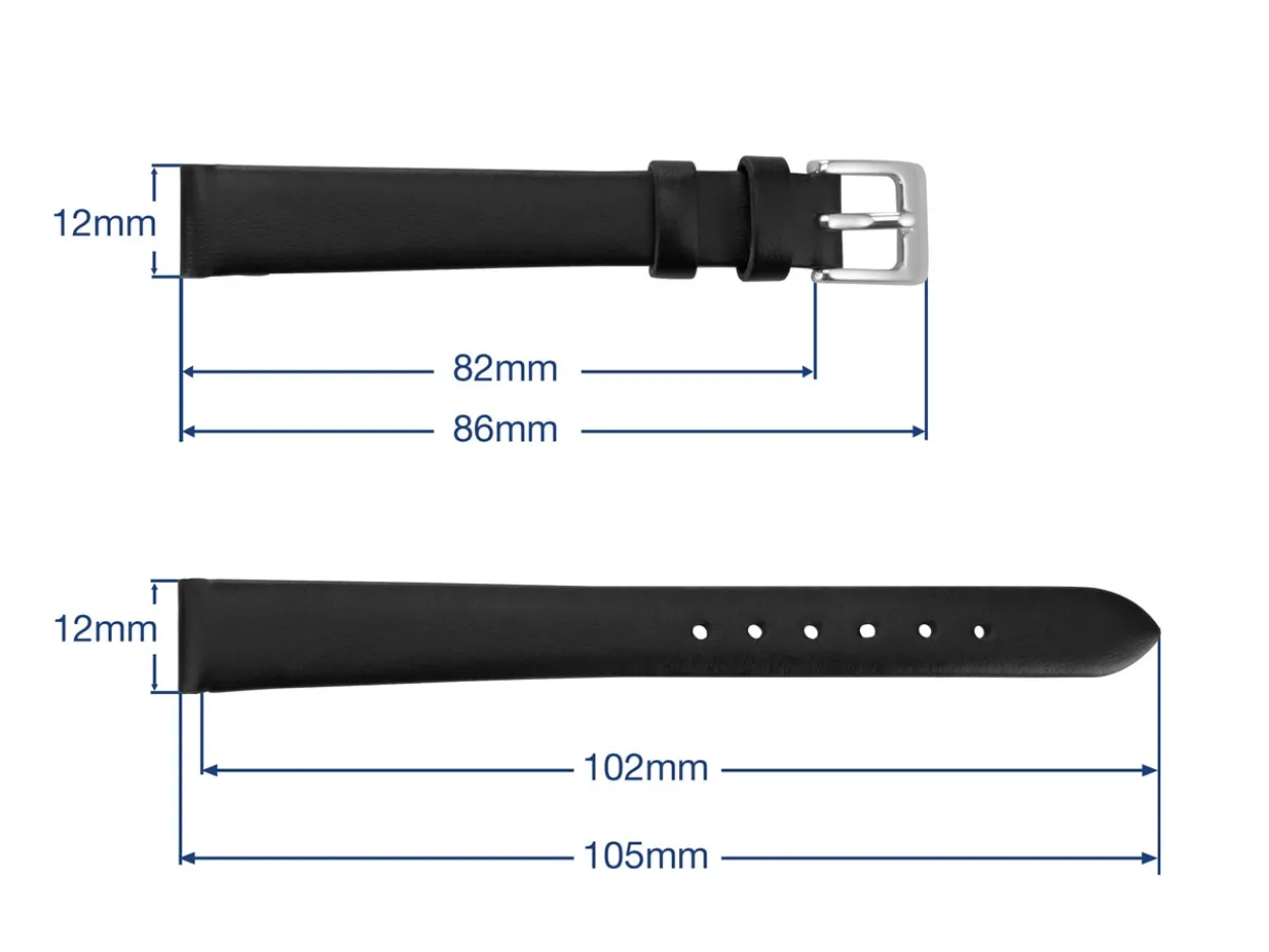 Black Stitched Genuine Calf Leather Watch Strap, 12mm
