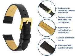 Black Stitched Genuine Calf Leather Watch Strap, 12mm