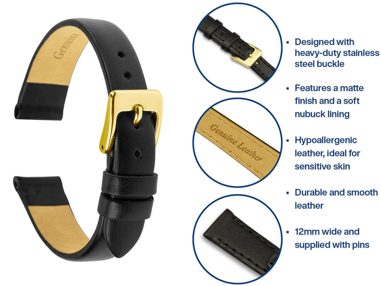 Black Stitched Genuine Calf Leather Watch Strap, 12mm