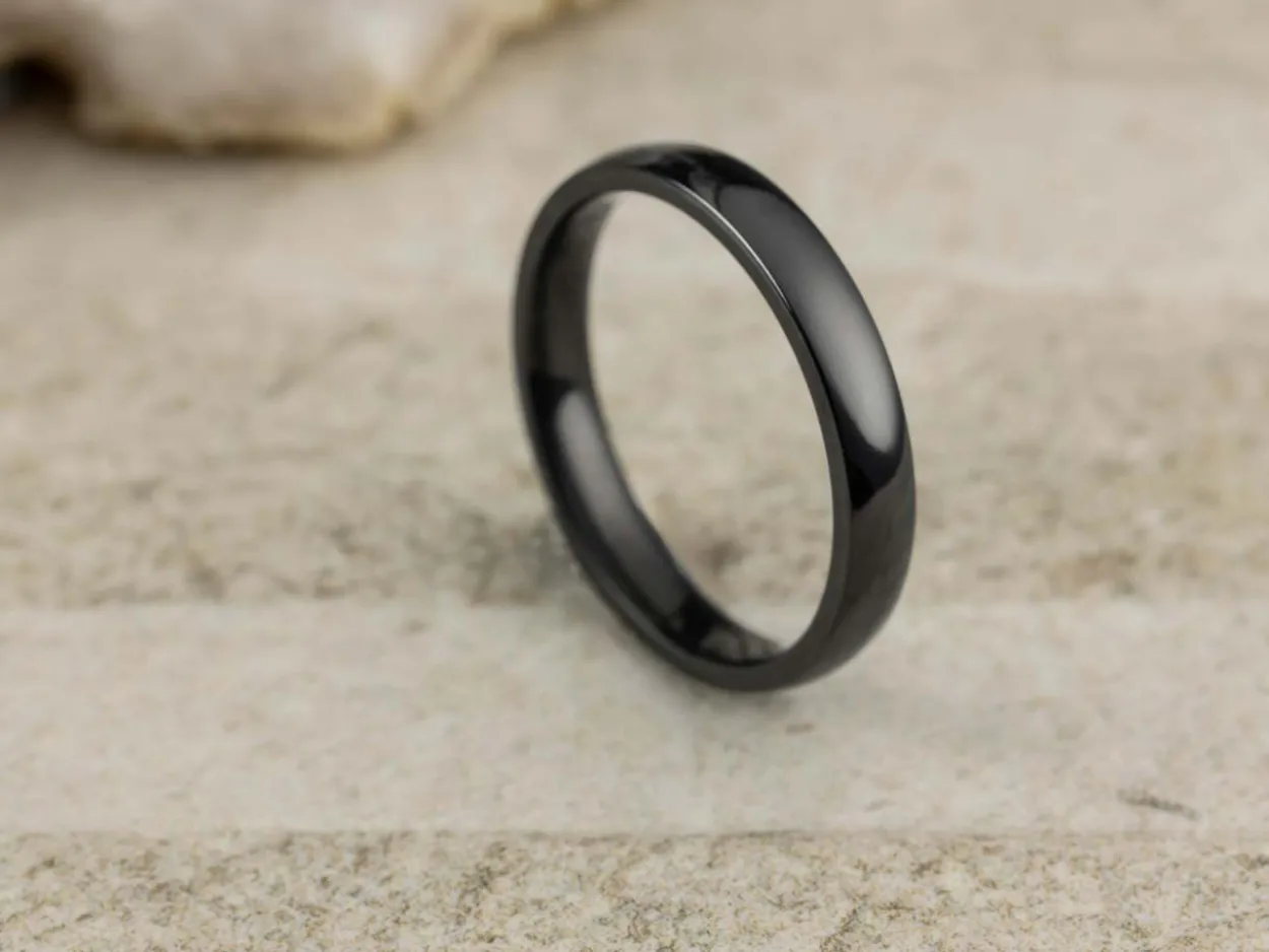 Black Zirconium Court Polished Wedding Ring 3.0mm, Size M, 1.6mm Wall