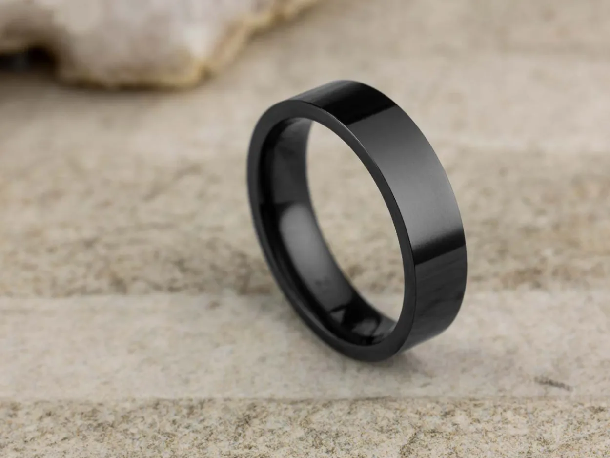 Black Zirconium Flat Court Easy Fit Polished Wedding Ring 5.0mm, Size T, 1.8mm Wall