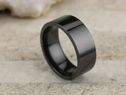 Black Zirconium Flat Court Easy Fit Polished Wedding Ring 8.0mm, Size R, 2.0mm Wall