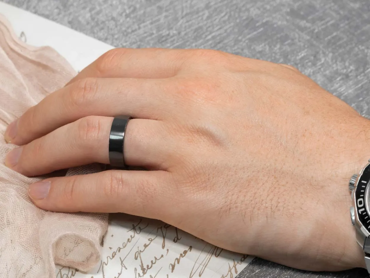 Black Zirconium Flat Court Easy Fit Polished Wedding Ring 8.0mm, Size Q, 2.0mm Wall