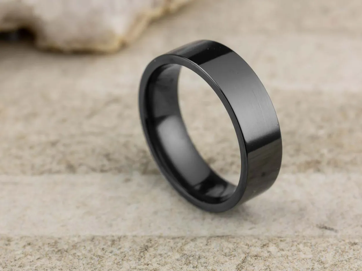 Black Zirconium Flat Court Easy Fit Polished Wedding Ring 6.0mm, Size X, 1.8mm Wall