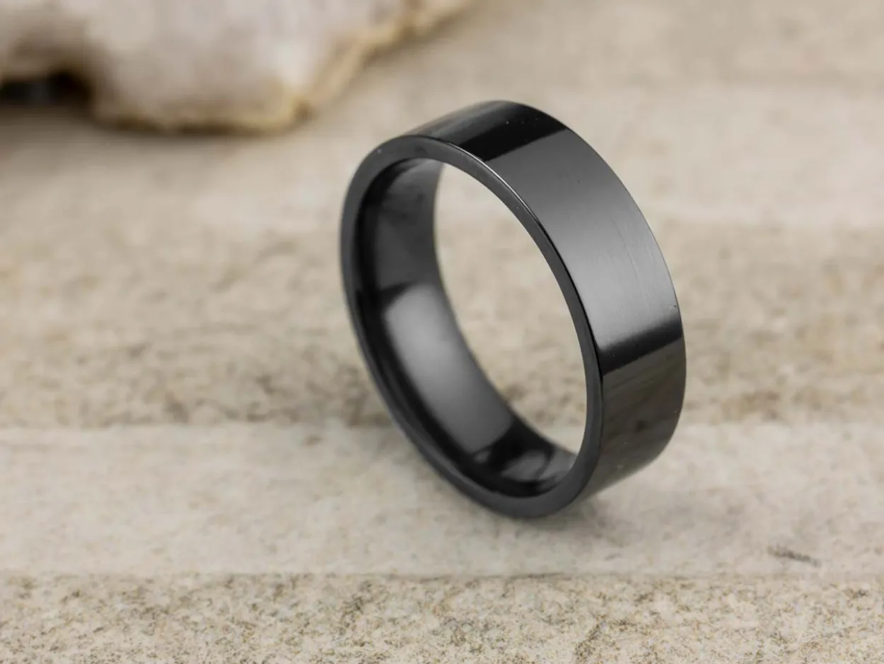 Black Zirconium Flat Court Easy Fit Polished Wedding Ring 6.0mm, Size V, 1.8mm Wall