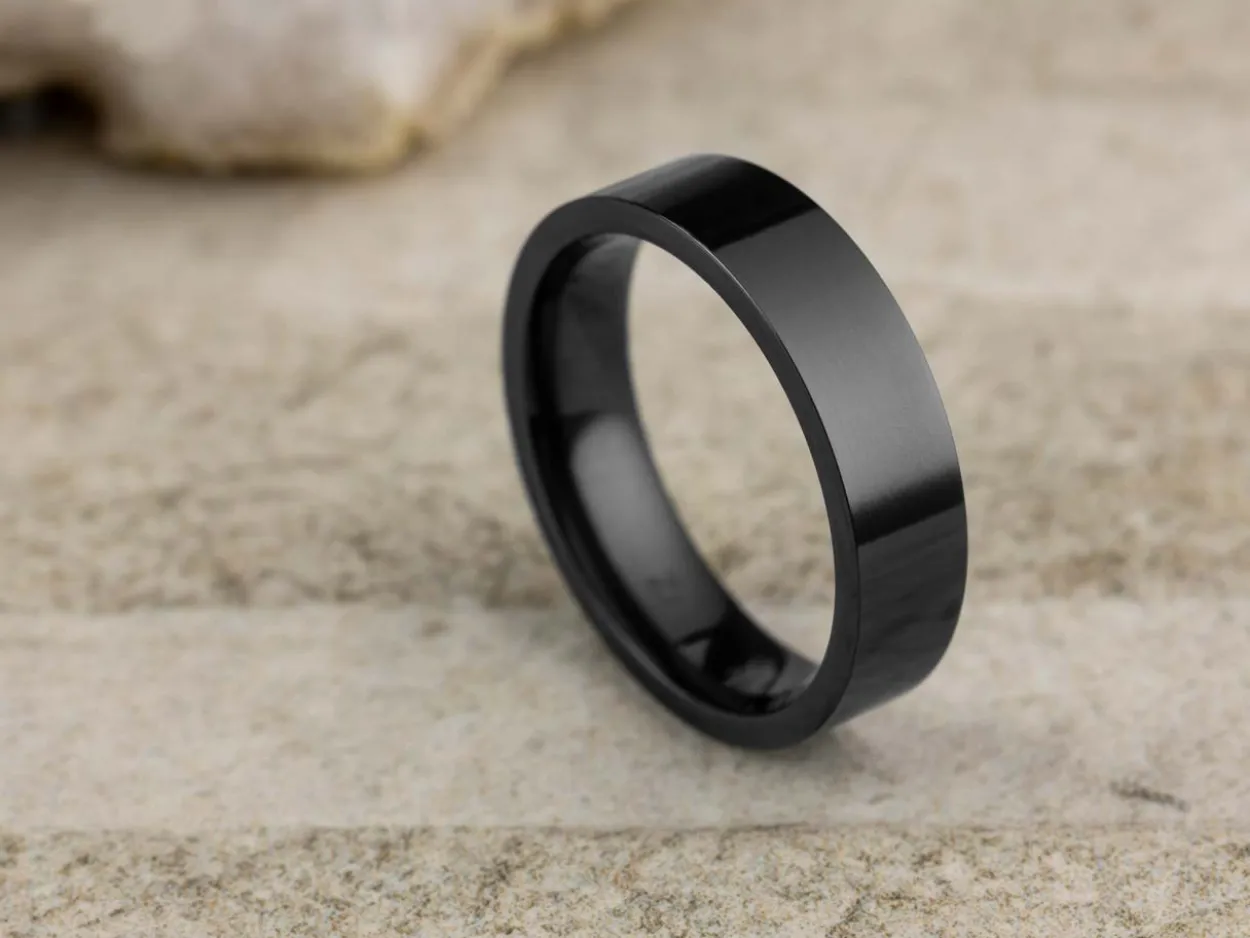 Black Zirconium Flat Court Easy Fit Polished Wedding Ring 5.0mm, Size Y, 1.8mm Wall