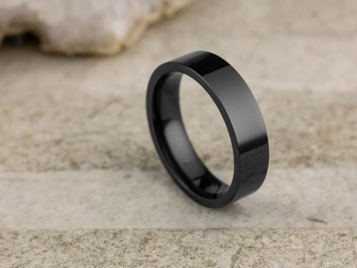 Black Zirconium Flat Court Easy Fit Polished Wedding Ring 5.0mm, Size N, 1.8mm Wall