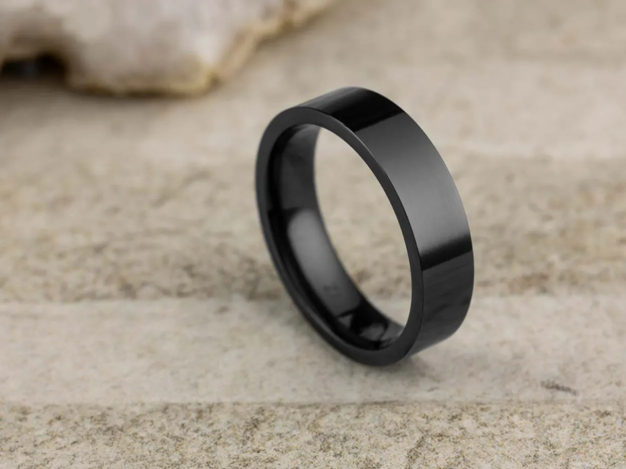 Black Zirconium Flat Court Easy Fit Polished Wedding Ring 5.0mm, Size I, 1.8mm Wall