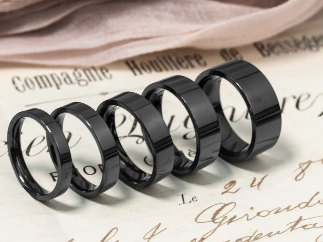 Black Zirconium Flat Court Easy Fit Polished Wedding Ring 4.0mm, Size I, 1.6mm Wall