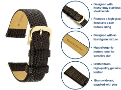 Brown Genuine Calf Leather, Lizard Grain Watch Strap, 18mm