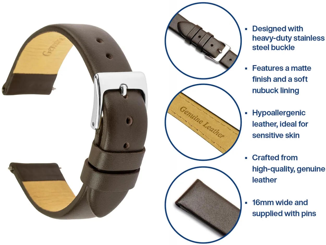 Brown Genuine Calf Leather Watch Strap, 16mm