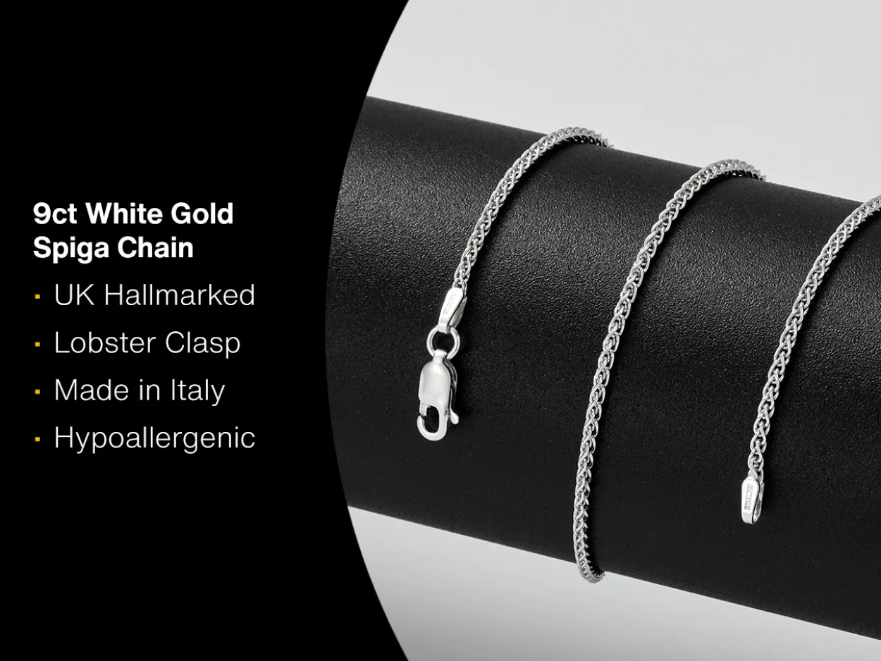 9ct White Gold 1.5mm Round Spiga Chain 16"/40cm Hallmarked