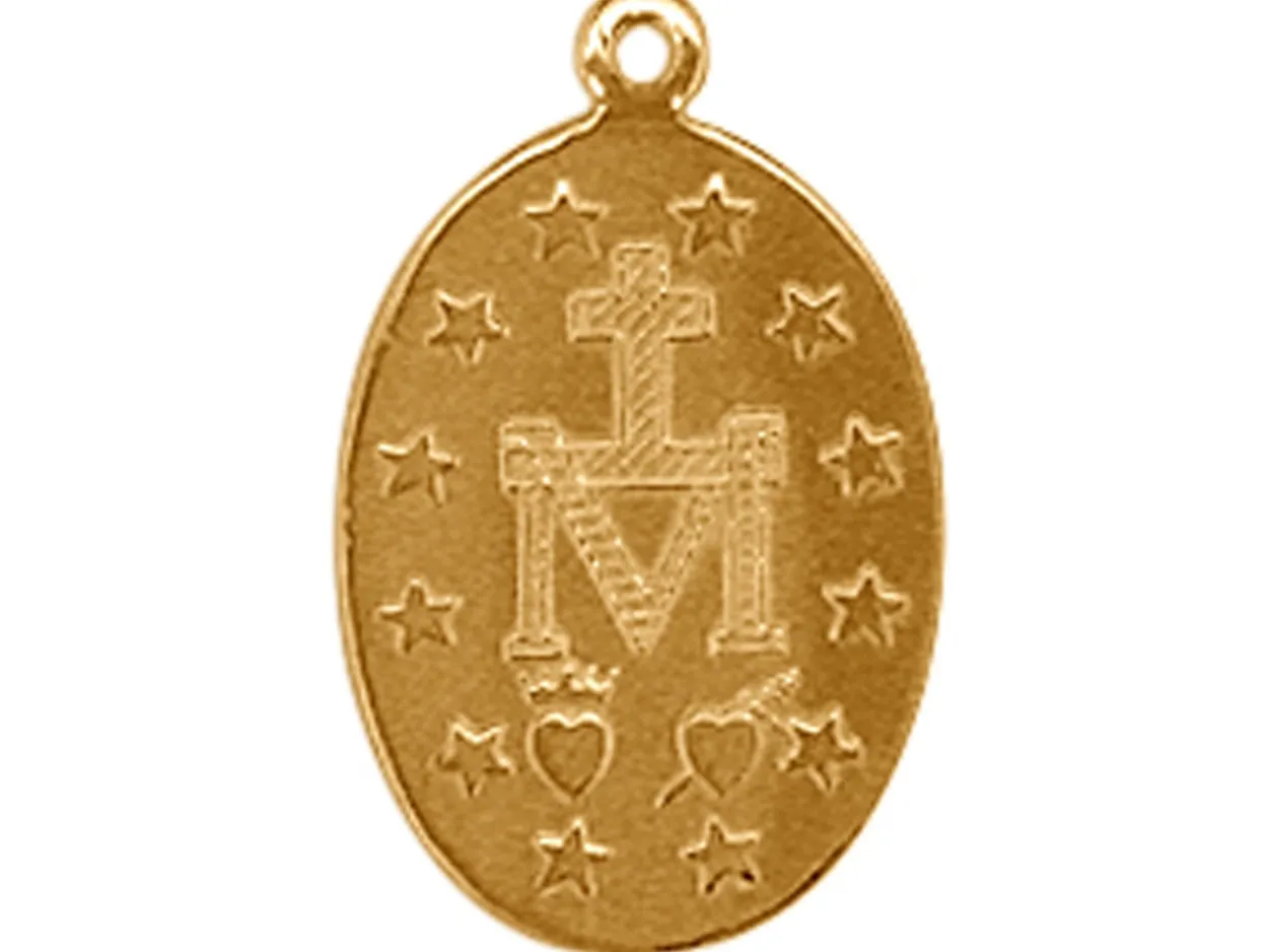 9ct Yellow Gold Miraculous Medal Pendant, 16.2mm X 0.8mm Double Sided Miraculous Medal Madonna, 100% Recycled Gold