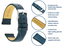 Dark Blue Genuine Calf Leather Watch Strap, 14mm