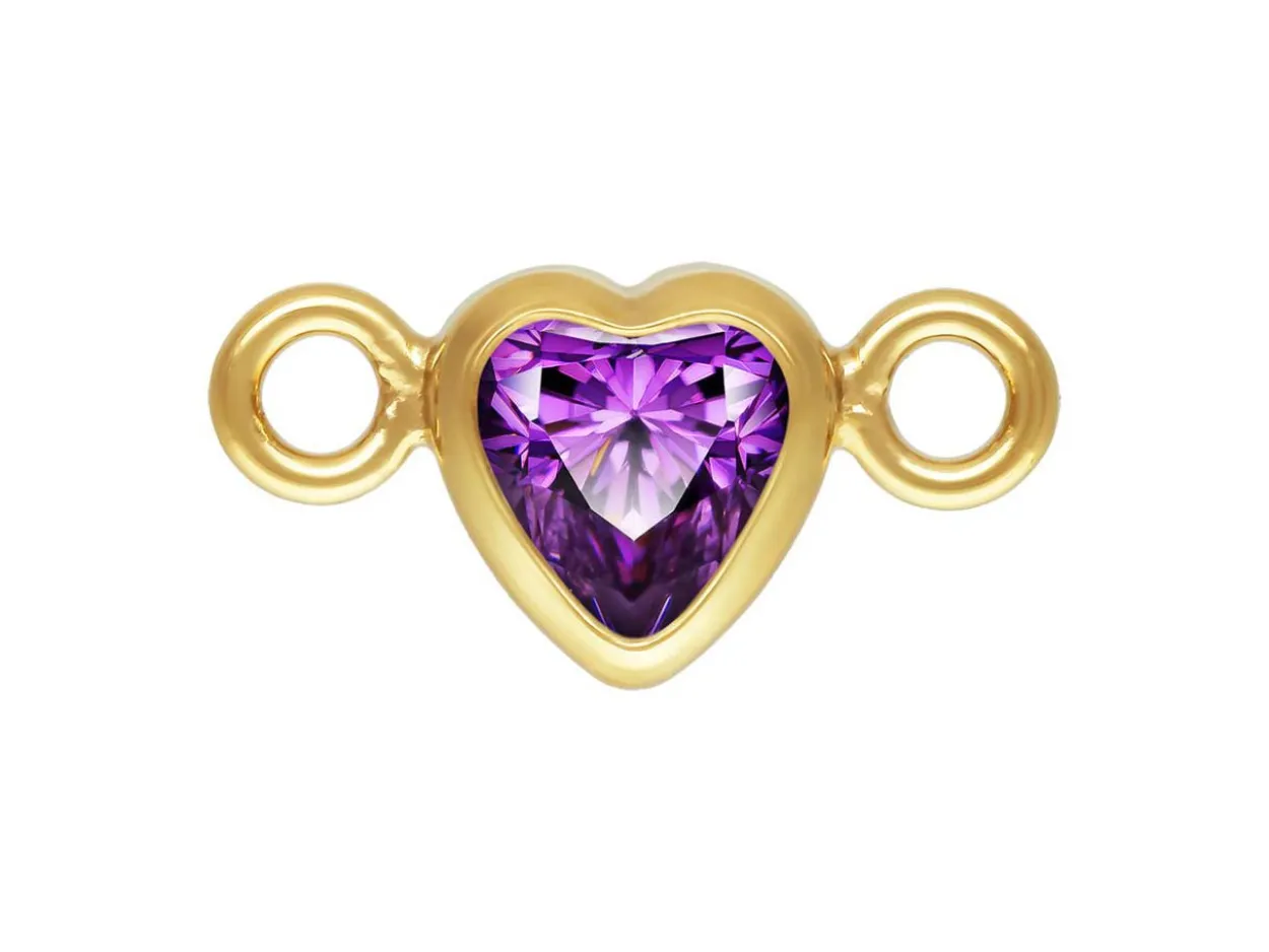 Gold Filled Cubic Zirconia Heart Bezel Connector Amethyst, 3mm