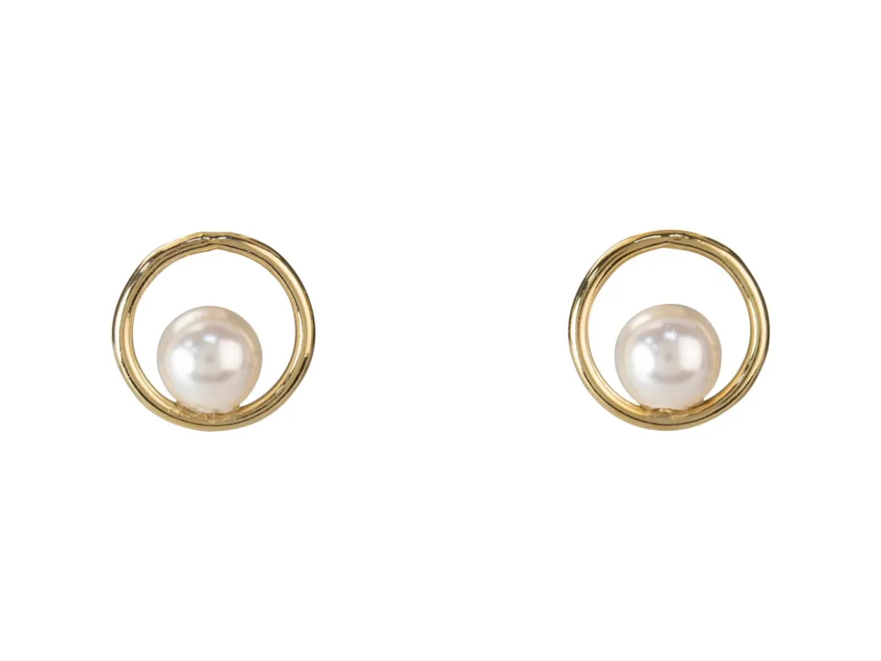 Gold Filled White Crystal Pearl Circle Design Stud Earrings