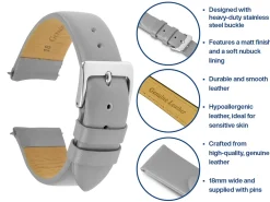 Grey Genuine Calf Leather Watch Strap, 18mm