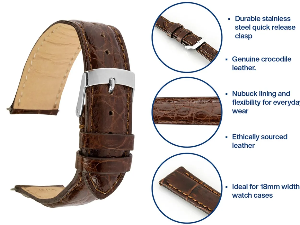 Medium Brown Italian Genuine Crocodile Watch Strap, 18mm
