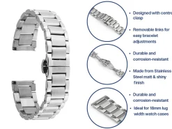 Stainless Steel Watch Bracelet, Centre Clasp, 18mm