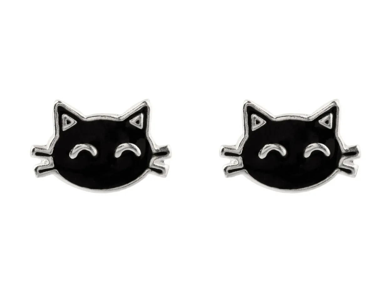Sterling Silver Cat Enamel Stud Earrings