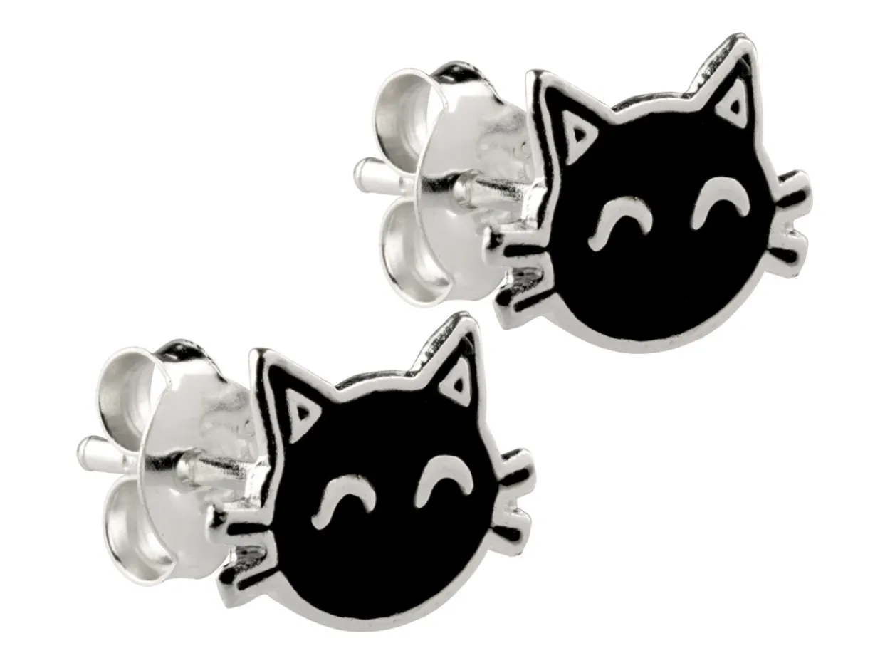 Sterling Silver Cat Enamel Stud Earrings