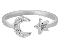 Sterling Silver Cubic Zirconia Moon And Star Design Adjustable Ring