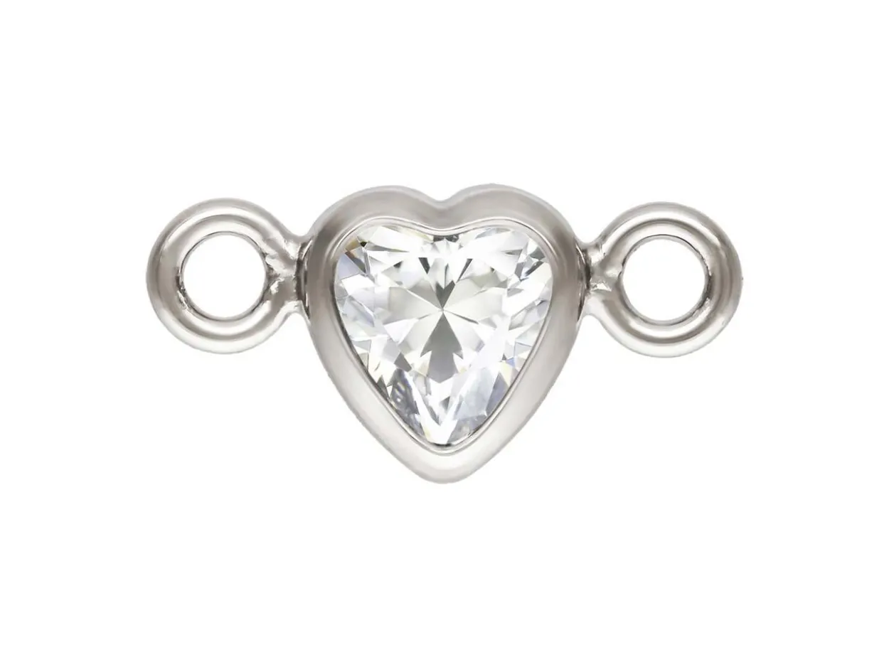 Sterling Silver Cubic Zirconia Heart Bezel Connector White, 3mm