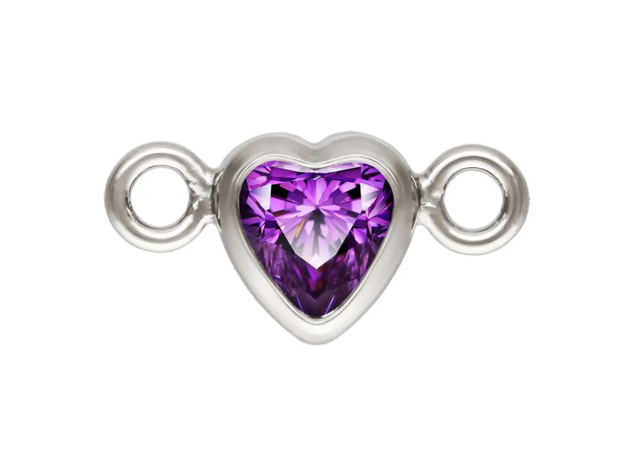 Sterling Silver Cubic Zirconia Heart Bezel Connector Amethyst, 3mm