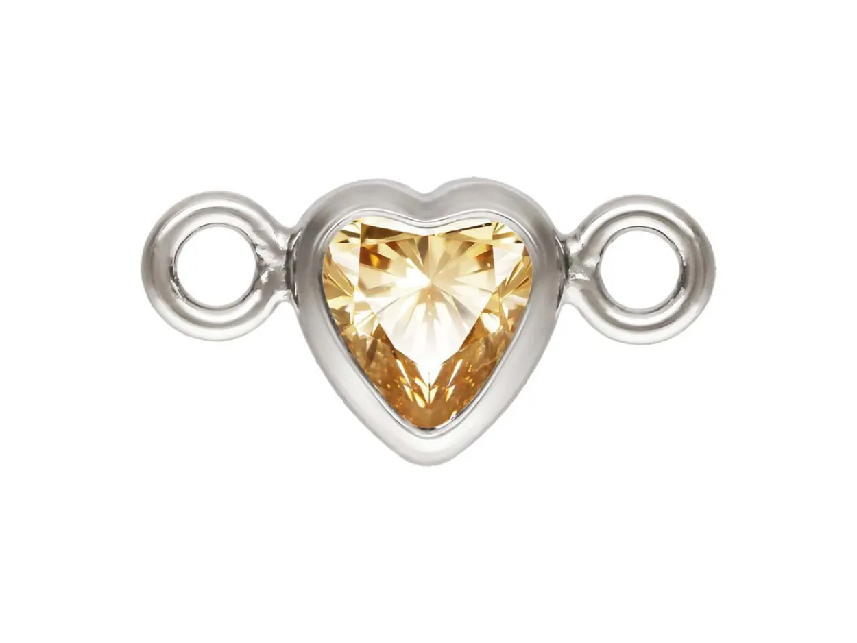Sterling Silver Cubic Zirconia Heart Bezel Connector Champagne, 3mm