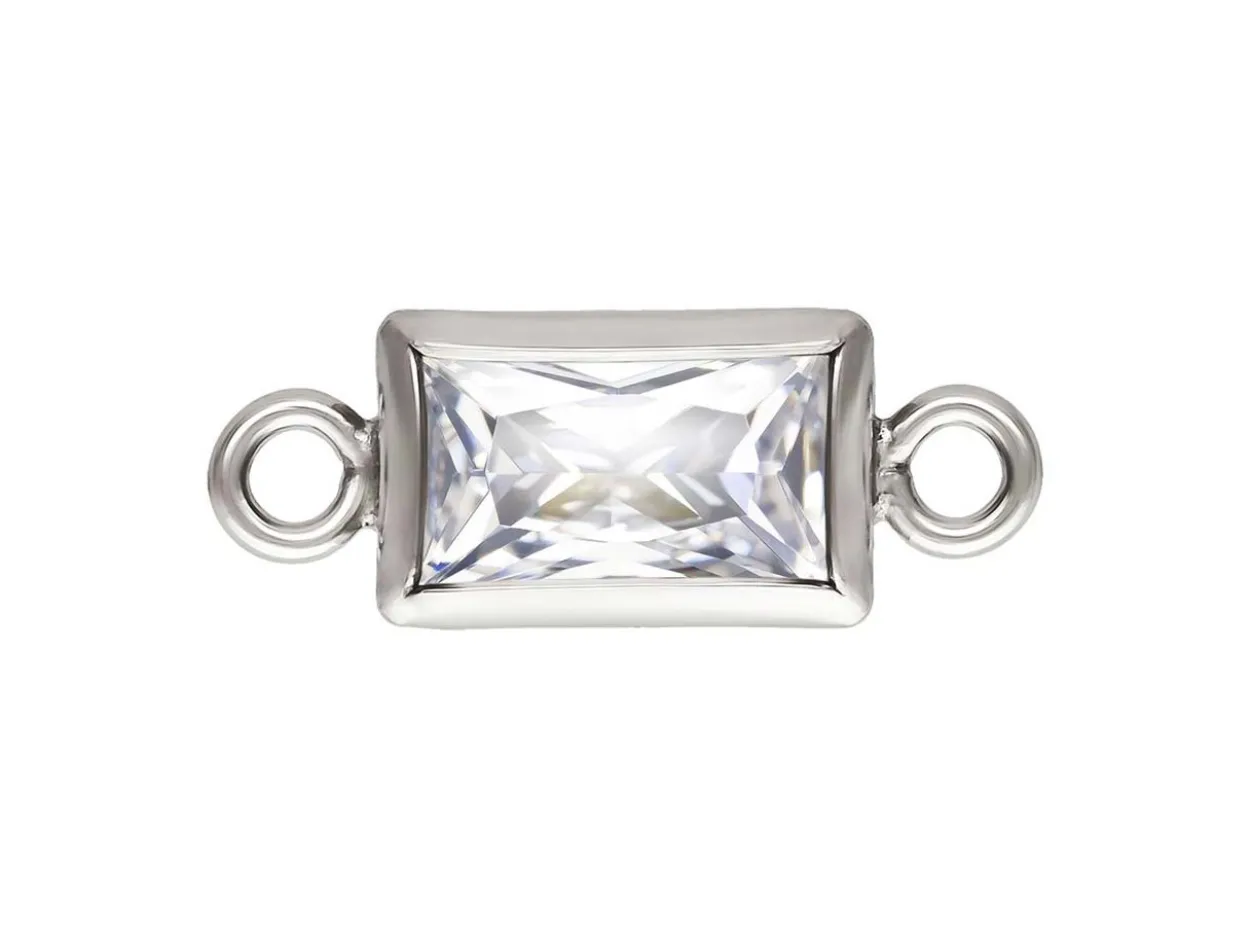 Sterling Silver Cubic Zirconia Rectangle Bezel Connector White, 3mm X 5mm