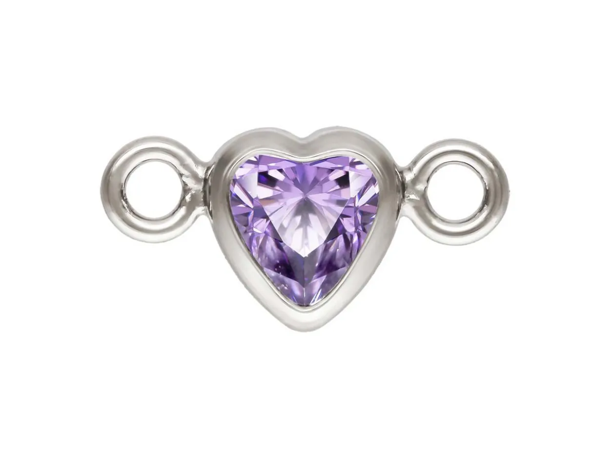 Sterling Silver Cubic Zirconia Heart Bezel Connector Light Amethyst, 3mm